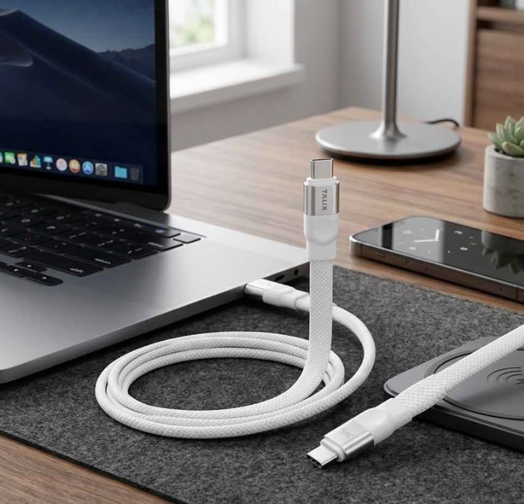 TALIX 240W USB-C cable connected to MacBook on a desk - lifestyle shot